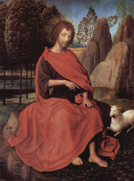 Hans Memling: Diptichon Keresztelő Jánossal és Szent Veronikával (bal szárny, Keresztelő Szent János). 1470. k.
