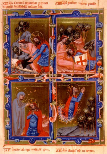 A 14. századi Magyar Anjou-legendárium képei  (1. A leány lefejezi a kunt; 2. Szent László megpihen a leány ölében;  3. Szűz Mária meggyógyítja a király sebeit;  4. A király ima közben a levegőbe emelkedik)