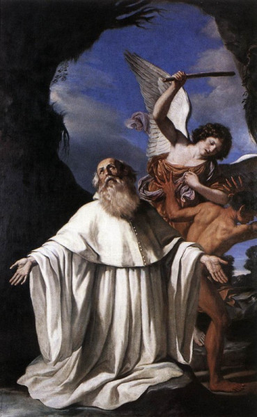 Szent Romualdot ábrázoló freskórészlet (Szent Márk templom és kolostor, Firenze, 1441–42)  Romuald szíve a remeteségre vágyott. Elöljárója engedélyével kivonult a kolostorból a velencei síkságra, ahol Marinus remete vezetésére bízta magát. Három évet