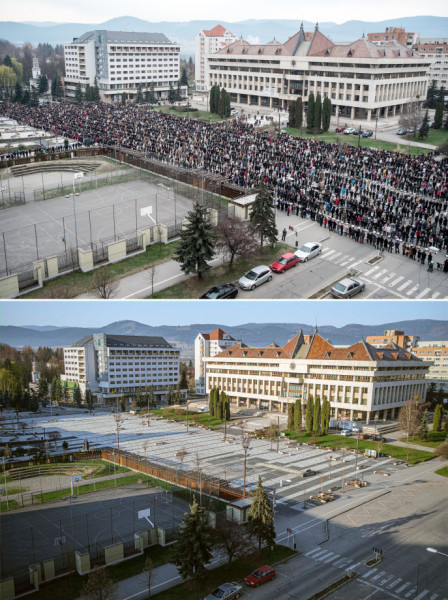Csíkszereda főtere a tavalyi ételszenteléskor és ma