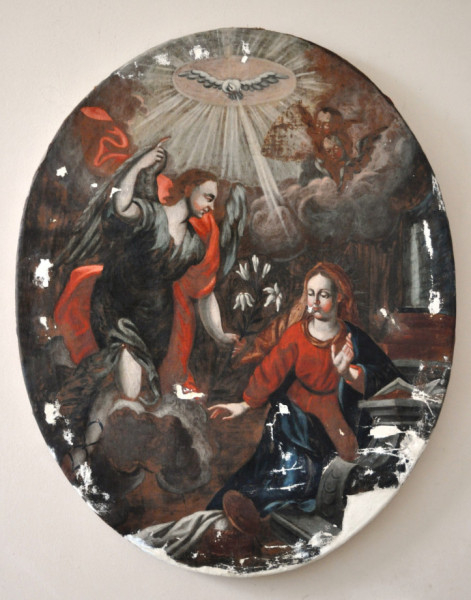 A restaurálásra előkészített állapotban az Angyali üdvözlet festmény