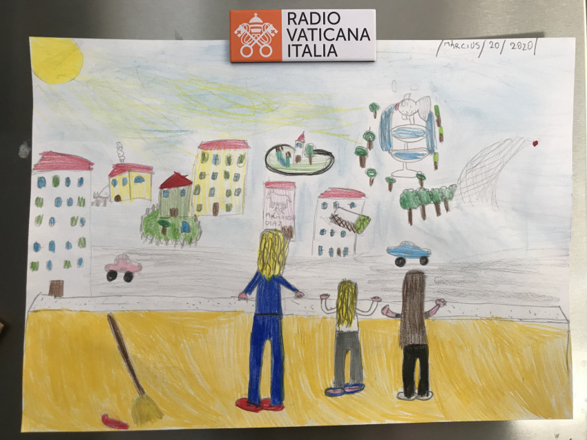 A 7 éves Laura rajza; azt ábrázolja, amikor két hét teljes elszigeteltség után először följutottank a tetőteraszra