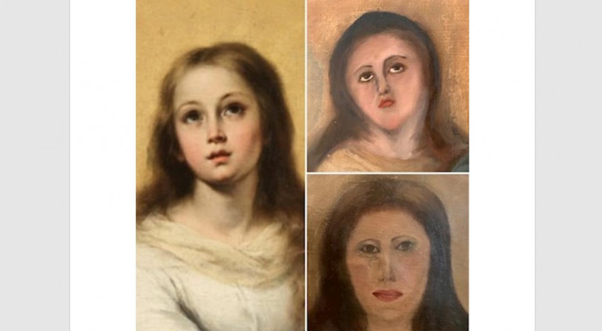 Az eredeti festmény, majd a két félresikerült restaurálás utáni arckép