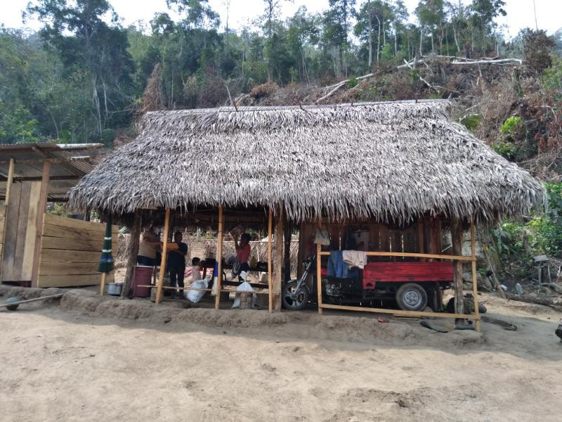 Tipikus családi ház perui Amazóniában, a ház körül teljesen kiirtják a füvet, az aljnövényzetet, így védekeznek a kígyók ellen.