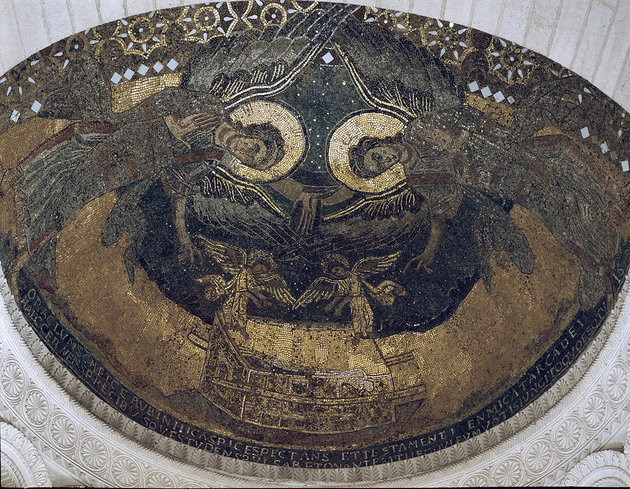 A franciaországi Germigny-des-Prés oratóriumának mozaikja, amely a frigyládát ábrázolja (bizánci mozaik 806 körülről)