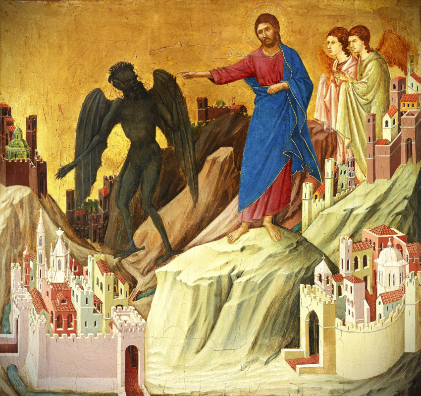 Duccio of Buoninsegna: Jézus megkísértése (1308–1311 k., táblakép, tempera, Siena, Olaszország)