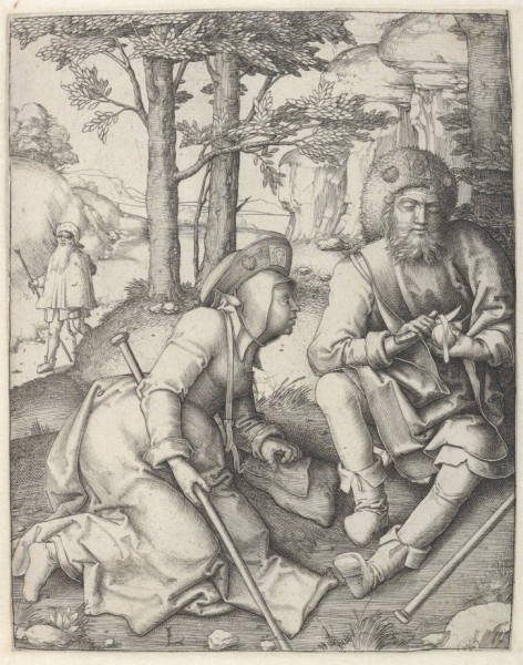 Lucas van Leyden: Pihenő zarándokok. Metszet, Rotterdam, 1508 k.(Wikimedia Commons) 