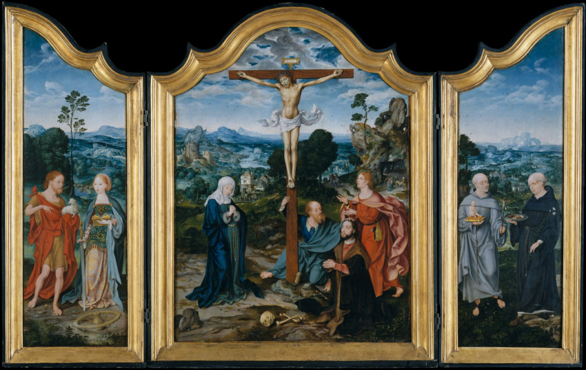 Joos van Cleve: Keresztre feszítés szentek és egy adakozó portréjával (1520 körül)