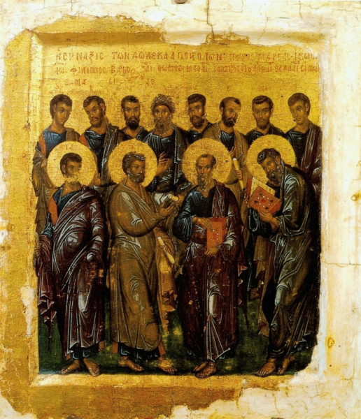 Konstantinápolyi mester: A tizenkét apostol szinaxisa. 14. századi orosz ikon. Puskin Múzeum, Moszkva