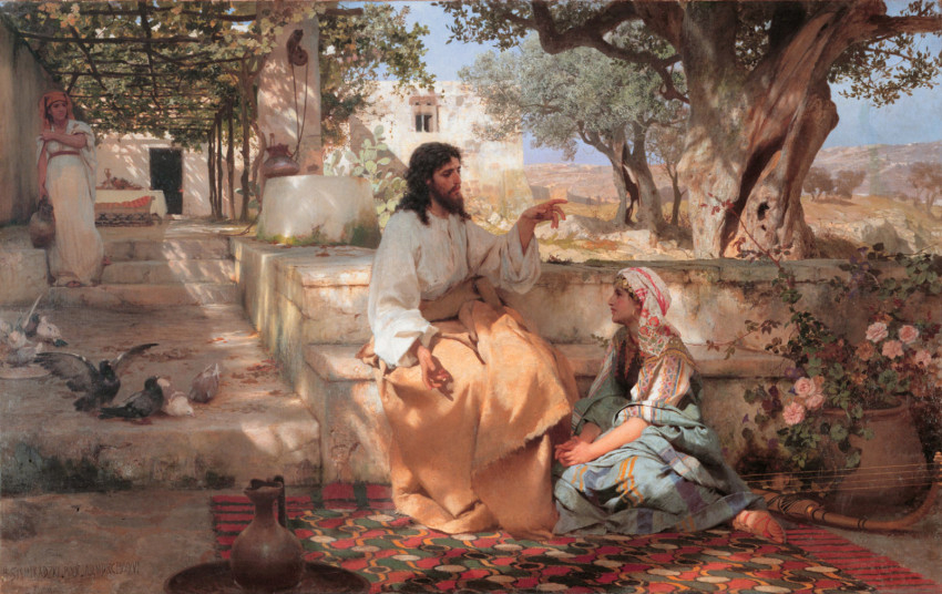 Henryk Siemiradzki: Jézus Márta házában Máriával. Olaj, vászon, 1886. Orosz Nemzeti Múzeum