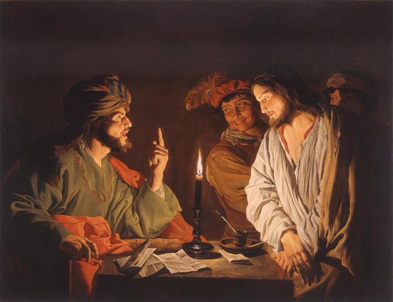 Matthias Stomer: Jézus és Kaifás; 1630 k., olaj, vászon