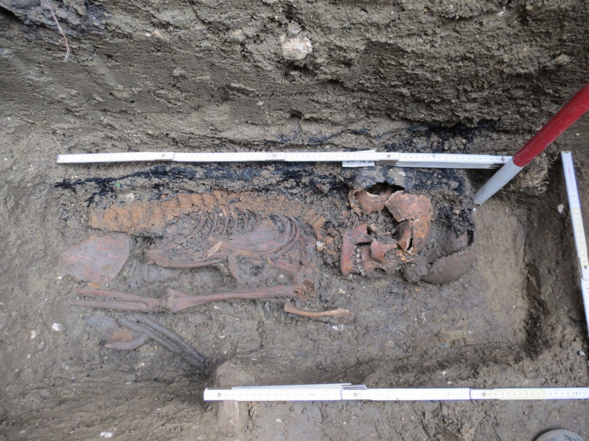 Koporsós temetkezés és alatta egy korábbi a kerengő padlószintje alól (Fotó: Ásónyomon)