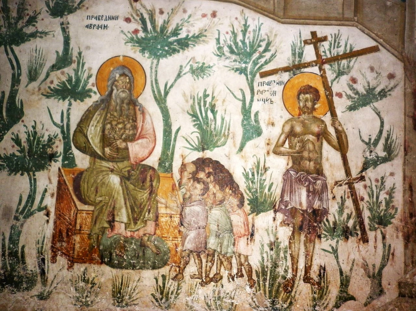 Ábrahám a paradicsomban. A szerbiai Gračanica szerb ortodox kolostorának falképe, 14. sz.