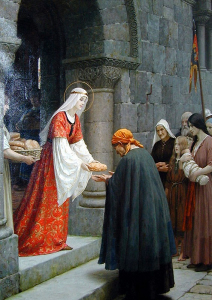 Edmund Leighton: Magyarországi Szent Erzsébet jótékonysága (1900 körül)