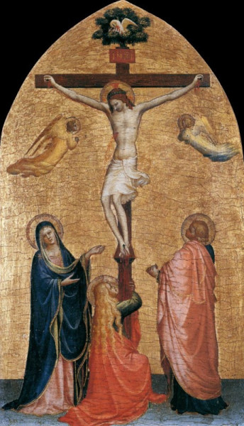 Fra Angelico: A keresztrefeszített Krisztus  a Szűzanyával, Szent Jánossal és Mária Magdolnával (1419–1420)