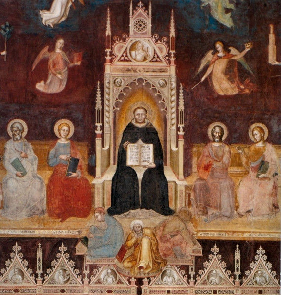 Andrea de Bonaiuto: Aquinói Szent Tamás, a „Doctor Angelicus”  szentekkel és angyalokkal (14. század) 
