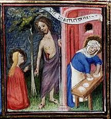 Vergilius mester: Mária térdel Krisztus előtt, Márta főz (1410)