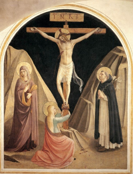 Fra Angelico: Szűz Mária, Mária Magdolna és Szent Domonkos a kereszt alatt (1441–42; San Marco-kolostor, Firenze)