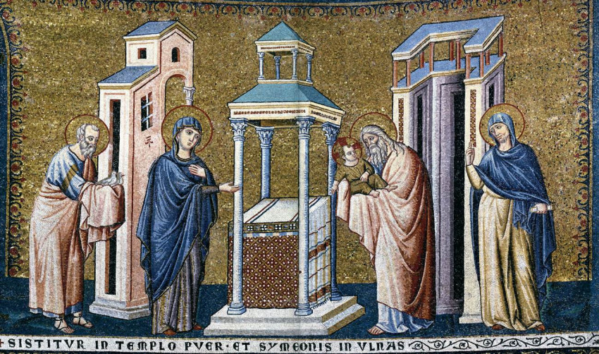 Pietro Cavallini: Urunk bemutatása (a római Santa Maria in Trastevere-bazilika mozaikja; 1296-1300)