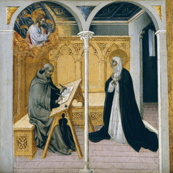 Giovanni di Paolo: Sienai Szent Katalin Dialógusait diktálja (15.század)