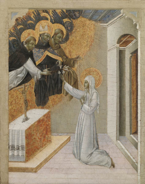 Giovanni di Paolo: Sienai Szent Katalin felölti a domonkosok habitusát (15.század)