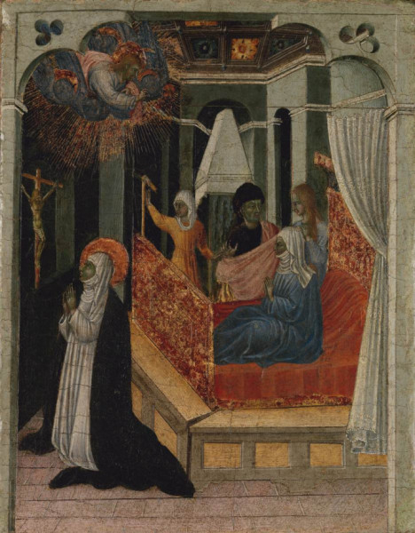 Giovanni di Paolo: Sienai Szent Katalin Krisztust kéri, hogy támassza fel anyját (15.század)