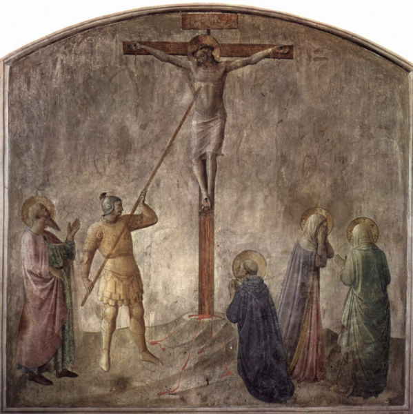 Fra Angelico:  Jézus oldalának átszúrása a kereszten (1440 körül)