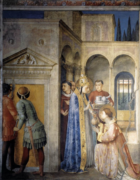 Fra Angelico: Szent Lőrinc átveszi az egyház kincseit