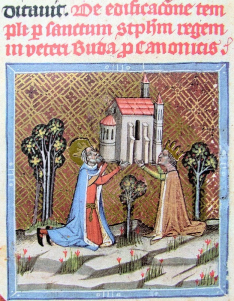 István és Gizella megalapítják az óbudai Péter-Pál templomot  (miniatúra a Képes krónikából)