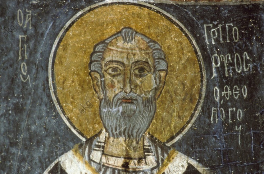 Nazianzi Szent Gergely az Eskigümüş-kolostor 11. századi freskóján (Kappadókia, Törökország)