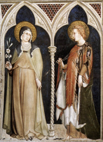 Simone Martini: Assisi Szent Klára és Árpád-házi Szent Erzsébet  (Szent Ferenc-bazilika, Assisi, 1320–25)