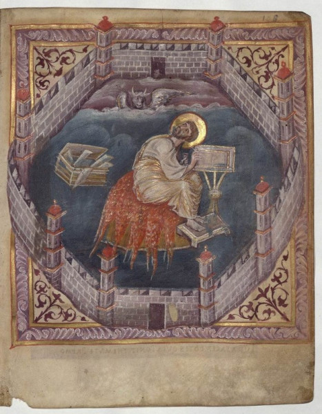 Szent Lukács  ábrázolása a Sainte-Aure-evangeliáriumban (850 körül, Bibliothèque de l’Arsenal, Párizs)