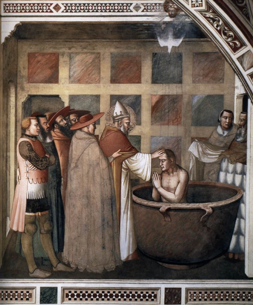 Maso di Banco: Szilveszter pápa megkereszteli Konstantin császárt, Szent Kereszt-bazilika, Firenze (1335 körül)