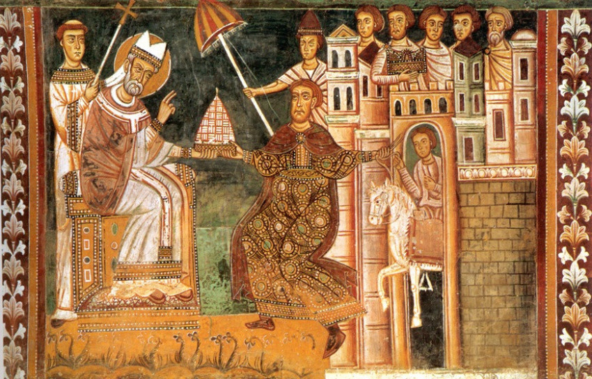 Ismeretlen középkori művész: I. Szilveszter és Konstantin,  Szent Szilveszter-kápolna, Négy megkoronázott szent bazilikája, Róma