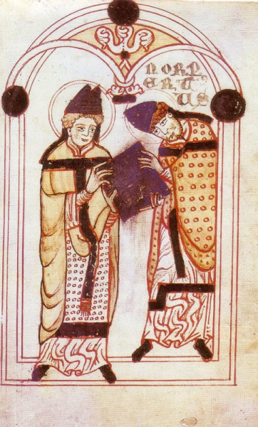 Szent Ágoston átnyújtja Norbertnek rendje szabályait (1140 körül készült kódex képe)