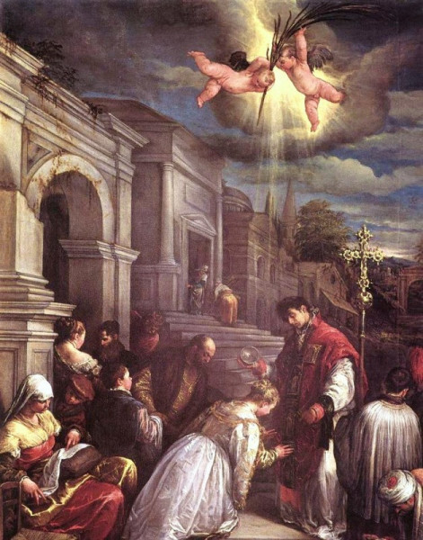 Jacopo Bassano: Szent Bálint megkereszteli Szent Lucillát (1575)
