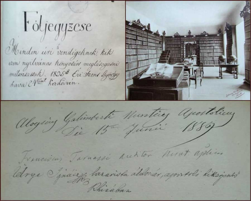 Luigi Galimberti és Francesco Tarnassi aláírása a nyilvános pécsi püspöki könyvtár vendégkönyvében