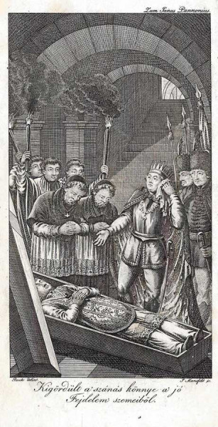 Mátyás király III. János pécsi püspök koporsója mellett